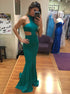 Green Satin Mermaid Criss Cross Jewel Sweep Train Prom Dress LBQ0181